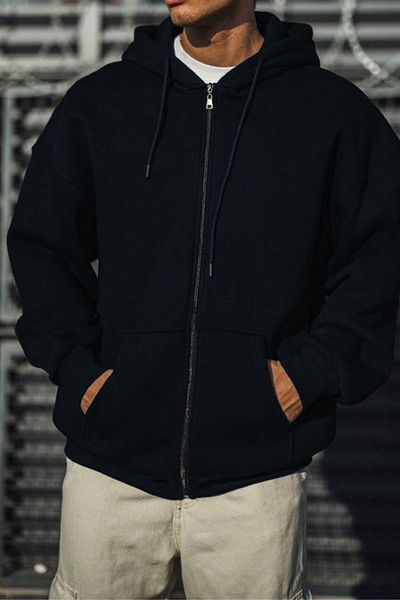 ruNadeS Navy Blue Men's 3-Thread Seasonal Zip-Up Hooded Fleece Cardigan Jacket