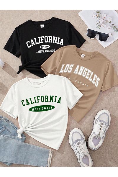 MODARİCH Μπλουζάκι California La 3 συσκευασιών - Λευκό μπεζ μαύρο oversize εμπριμέ με λαιμόκοψη με κοντό μανίκι φαρδύ