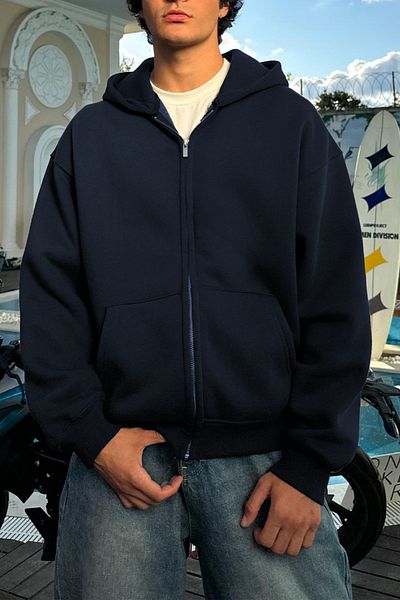 ruNadeS Navy Blue 3 Thread Men's Zippered Hooded Sweatshirt Cardigan