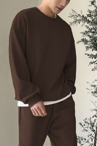 ruNadeS Φούτερ καφέ Fleece με 3 νήματα βαμβακερό Oversize Basic Crew Neck