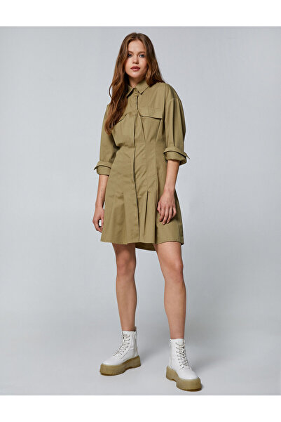 Koton Риза Рокля Габардин Плат Плисиран Памук с дълъг ръкав и джоб