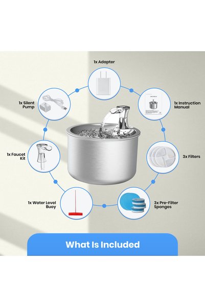 JINOU Cat Water Fountain - Premium Acrylic Glass, 2l Tank, For Cats, Dogs & Pets (ROUND STEEL)