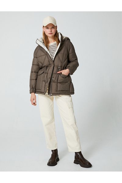 Koton Puffer Jacket Hooded Zipper Pocket Tied Waist