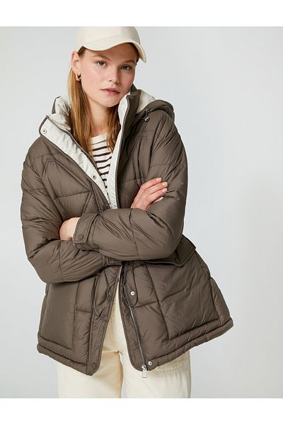 Koton Puffer Jacket Hooded Zipper Pocket Tied Waist