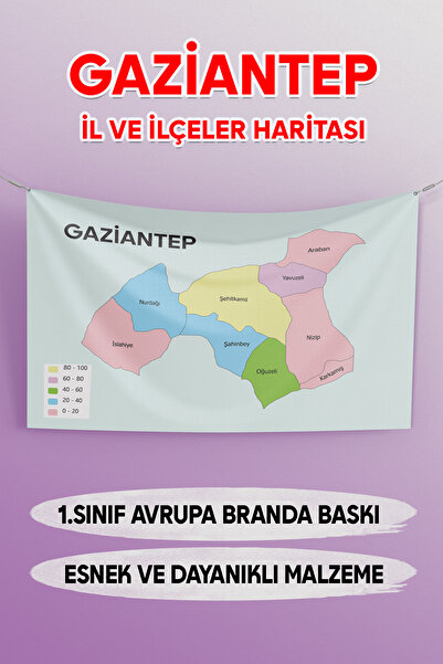 FLEXİS لافتة خريطة مقاطعة ومقاطعة غازي عنتاب (قماش الفينيل الأوروبي) 50x70 سم