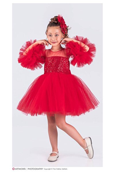 Perinin dolabı Girl's Dress with pom pom sleeves