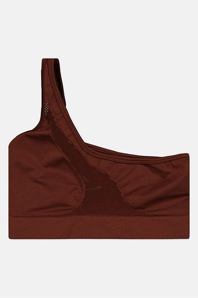 HIIT Women Non Padded Plain One Shoulder Bralette, Brown