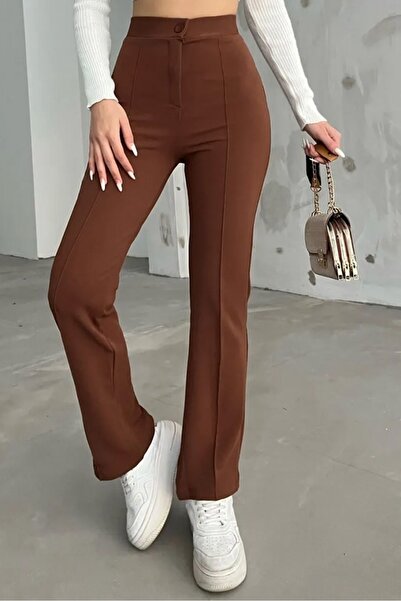 Bestenur Yüksel Bel İspanyol Paça Palazzo Pantolon 1290 -  Açık Kahve