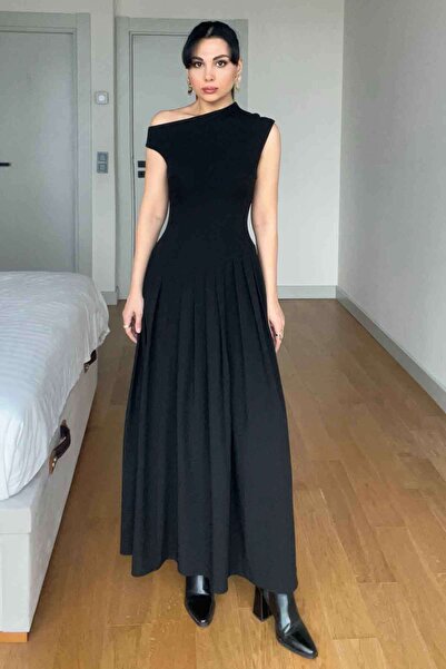 Seda Yalçın Atelier Black Boat Neck Waist Detailed Pleated Dress