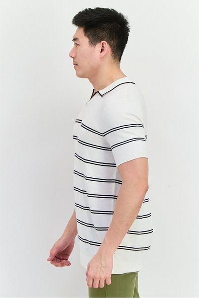 French Connection Men Spread Collar Short Sleeve Stripe Sweater, White