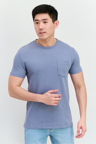 French Connection Men Crew Neck Short Sleeves Textured T-shirt, Slate Blue
