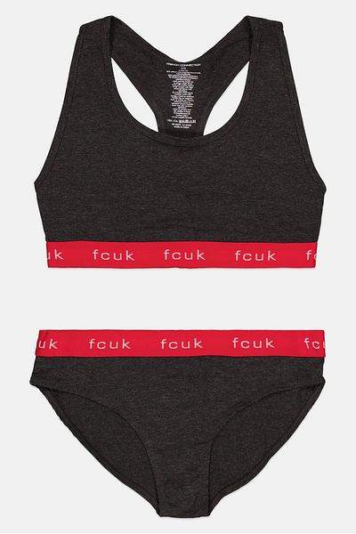 Fcuk Women 2 Pieces Top And Bottom Lingerie Set, Charcoal Grey