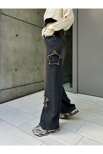 KOTOLOG Y2k Black Star Unisex Relax Fit Jeans - Μπλε τεχνικό παντελόνι με λεπτομέρεια Stars Patch