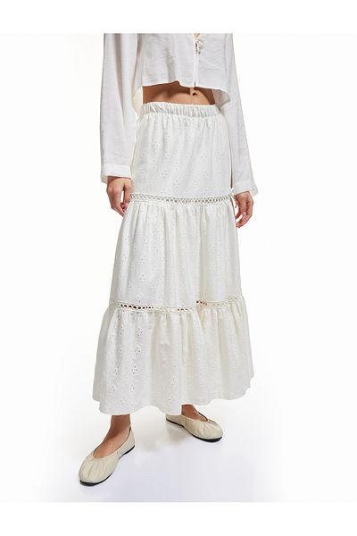 Koton High Waist Openwork Elastic Waist Flounce Floral Midi Skirt