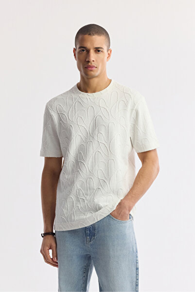 Avva Men's White Crew Neck Cotton Jacquard Elastane Comfort Fit T-Shirt A51Y1122