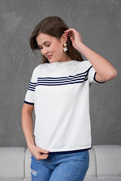 Irmak Kerekli Kadın Ekru-laci Bisiklet Yaka Kısa Kol Çizgili Triko Bluz 25111