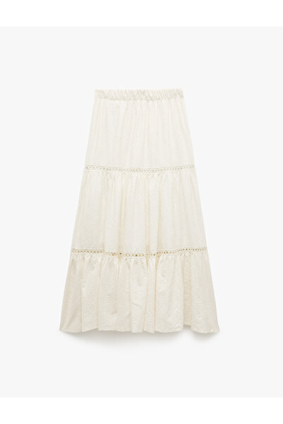 Koton High Waist Openwork Elastic Waist Flounce Floral Midi Skirt