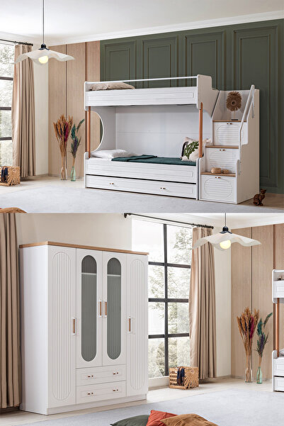 Setay Ranza, Vita Bohem Genç Odası Takımı Yavrulu Beyaz Ranza + Dört Kapaklı Dolap