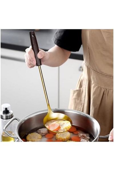 STOREMAX Ntwork Kitchen Cooking Set - 4 Piece Long Wooden Handle Stainless Steel Spatula, Colander, Ladle -