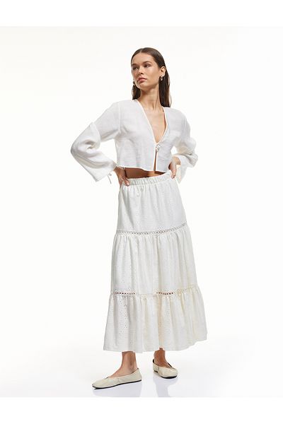 Koton High Waist Openwork Elastic Waist Flounce Floral Midi Skirt