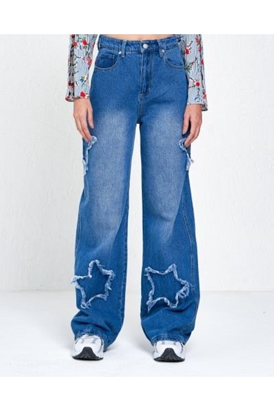 KOTOLOG Y2k Blue Unisex Tech Παντελόνι - Τζιν με αστέρι και λεπτομέρεια