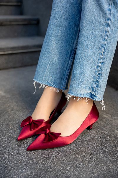 LamintaGlobal Marcia Burgundy Bow Detailed Women's Heeled Shoes