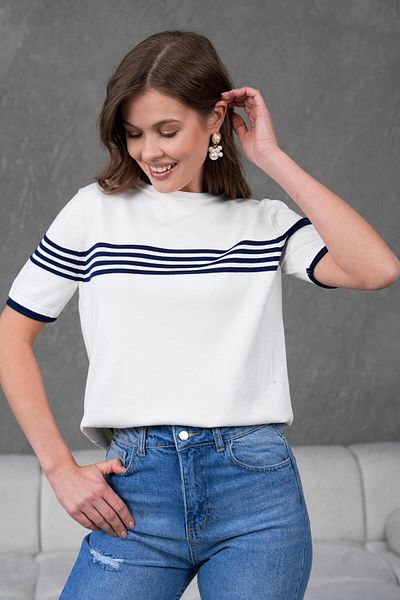 Irmak Kerekli Women's Ecru-Laci Crew Neck Short Sleeve Striped Knitwear Blouse 25111