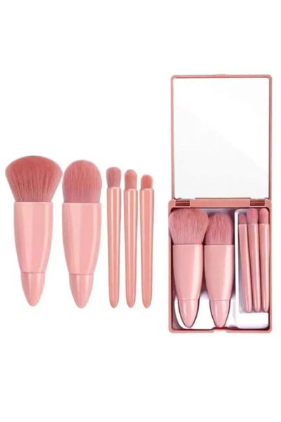 Forever Taşınabilir Aynalı 5'li Makyaj Fırça Seti - Pembe