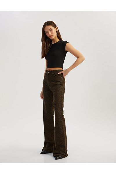 Koton High Waist Cotton Leopard Spanish Leg Pants - Flare Jeans