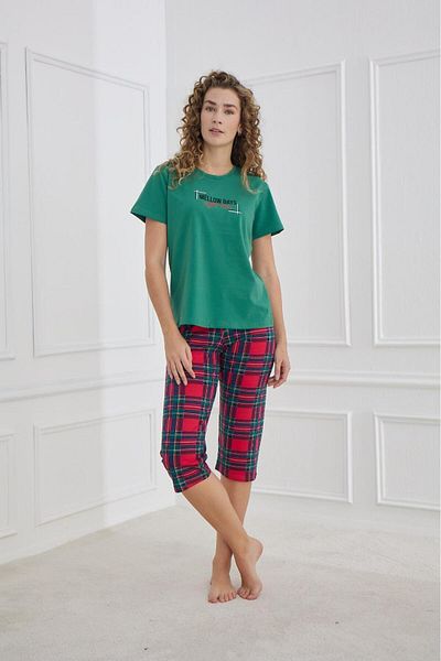 MEBA Women's Compact Combed Cotton Soft Textured Short Sleeve Capri Green Bottom Plaid Combed Cotton Pajamas Set