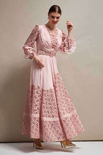 İnce Dantel ve işleme detaylı Uzun Büyük Beden Abiye Şifon Elbise