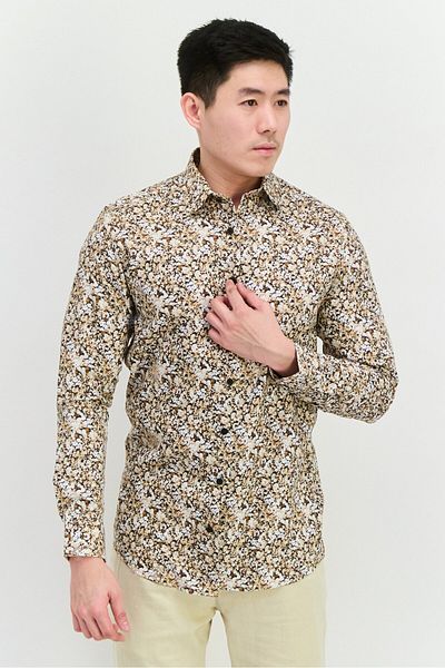 Selected Homme قميص رجالي كاجوال بقصّة Slim Fit وأكمام طويلة وطبعات كاملة، لون بيج