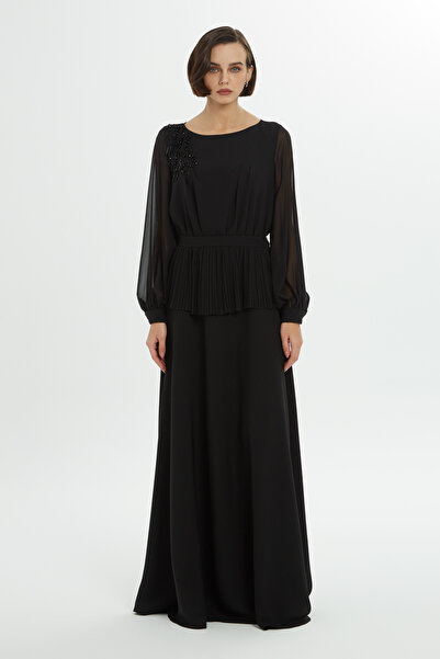 GİZİA Boncuk İşlemeli Uzun Siyah Elbise