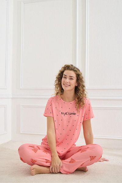MEBA Dark Pink Fruit Time Lycra Single Jersey Combed Cotton Pajama Set - Short Sleeve