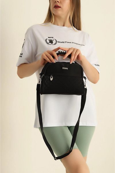 FHD BAGS Geantă de mână și de umăr pentru femei, matlasată din satin negru, cu fermoar