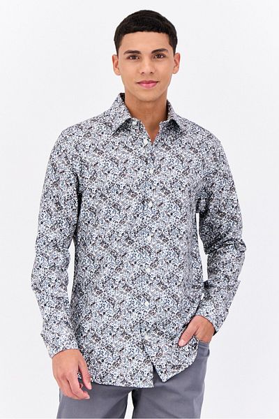 Selected Homme قميص رجالي كاجوال بأكمام طويلة وطبعات كاملة بقصّة Slim Fit، أبيض