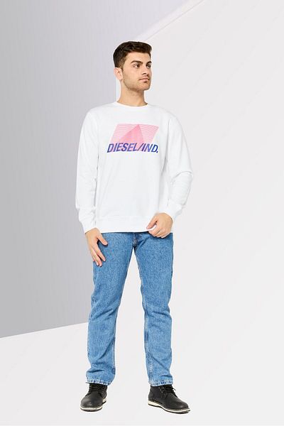 Diesel Men Crew Neck Graphic Print Long Sleeves Sweatshirt, White Combo