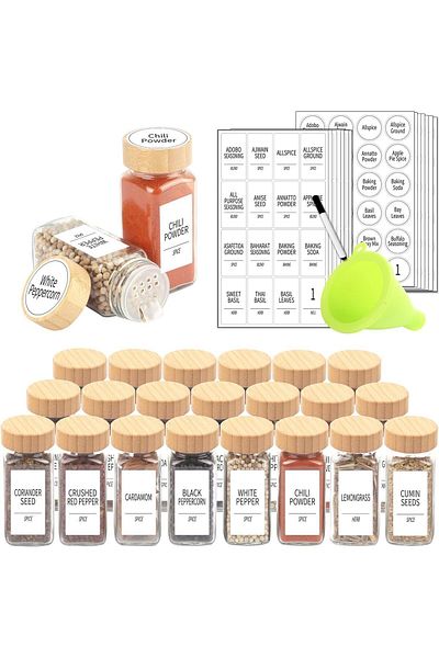 fulina 24 Glass Spice Jars,4oz Empty Square Spice Containers Set,Food Storage,Silicone Funnel