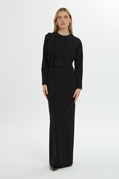 GİZİA Pili Katlamalı Uzun Siyah Elbise