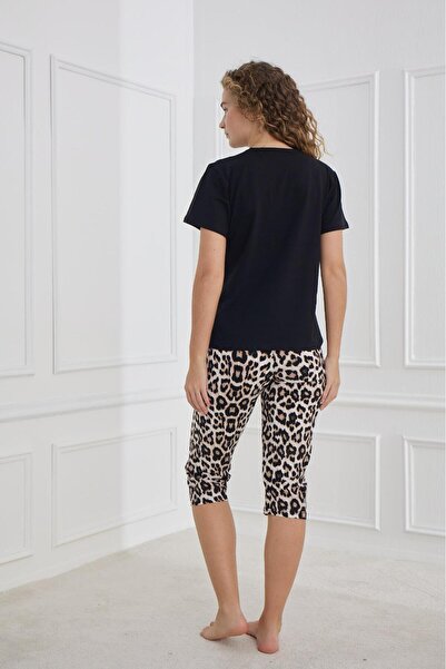 MEBA Women's Compact Combed Cotton Soft Textured Short Sleeve Capri Black-Leopard Combed Cotton Pajamas Set