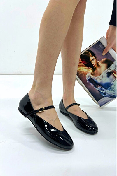 inizio Black Patent Leather Buckle Ballerina Ballet P9002