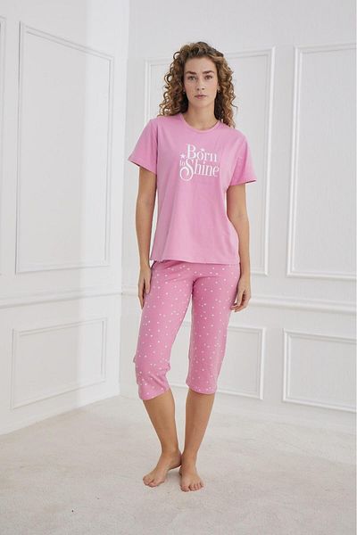 MEBA Women's Compact Combed Cotton Soft Textured Short Sleeve Capri Powder Printed Combed Cotton Pajamas Set