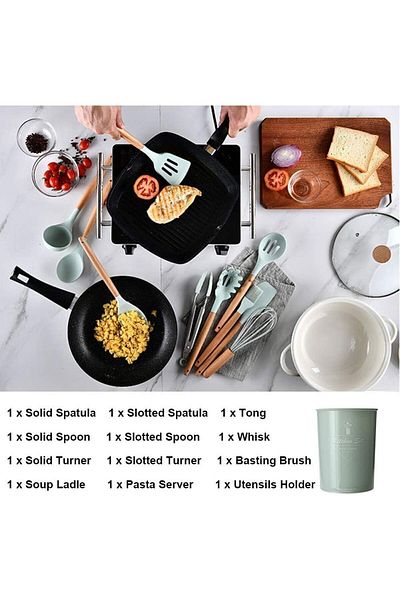 fulina 12-piece Non-stick Silicone Cooking Utensils Set With Ergonomic,wooden Handles,storage Bucket