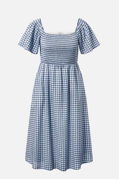 Tchibo Women Gingham Square Neckline Short Sleeve A-Line Dress, Blue