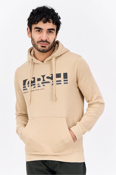 Crosshatch Men Hooded Brand Logo Long Sleeve Sweatshirt, Beige
