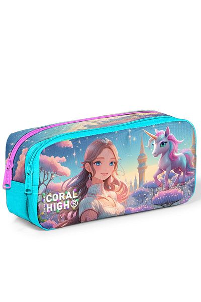 Coral High Παιδική τιρκουάζ ροζ anime για κορίτσια με μοτίβο δύο θέσεων μολυβοτσάντα 12094