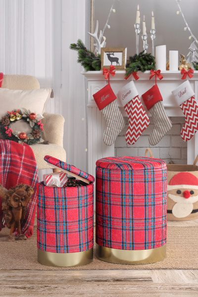 Eponj Home Comfort 2li Puf Yuvarlak Sandıklı Ecose Kırmızı