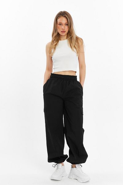 Grenj Fashion Black Parachute Fabric Woven Jogger Pants with Elastic Waist Stoppers