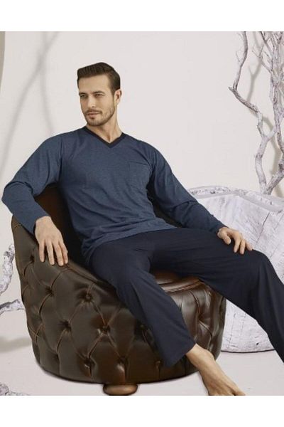KLY 9107 Set de pijamale cu mâneci lungi cu decolteu în V pentru bărbați