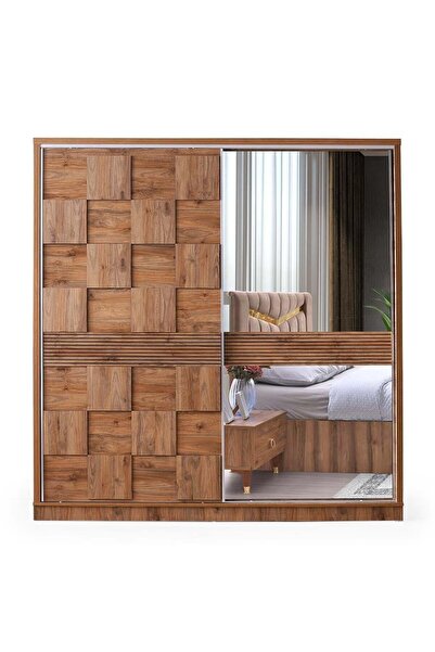 Avm 24 Cenevre Gardırop Ceviz Sürgülü Aynalı Kapak Ücretsiz Nakliye ve Montaj